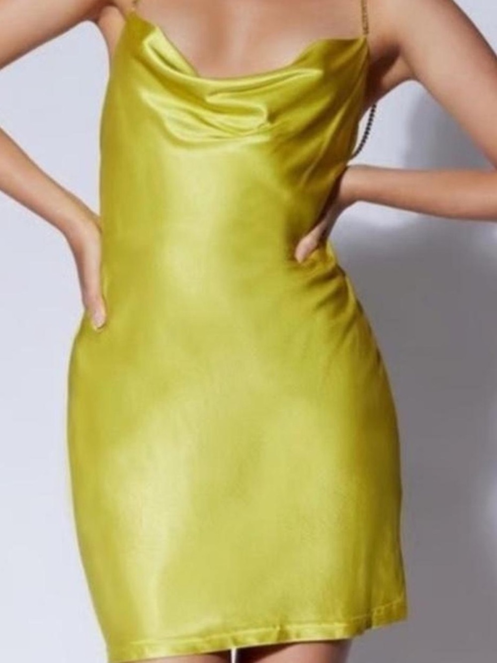 Meshki Lime Satin Cowl Mini Dress